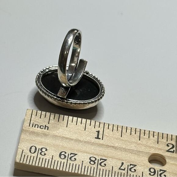 Silver sheen obsidian stamps, 925 silver overlay, gemstone ring oval adjustable - Picture 4 of 5